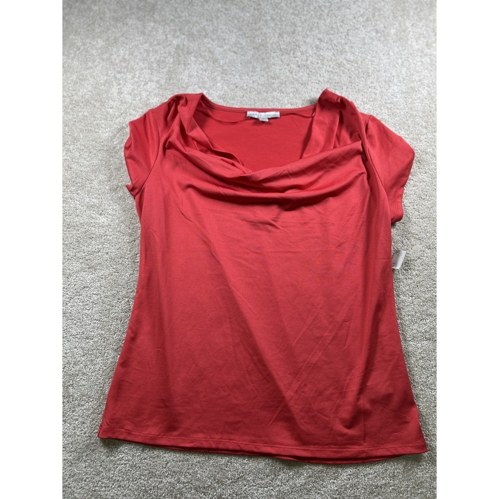 Larry Levine Shirt Womens Medium Red Cowl Neck Stretch Short Sleeve Top Blouse